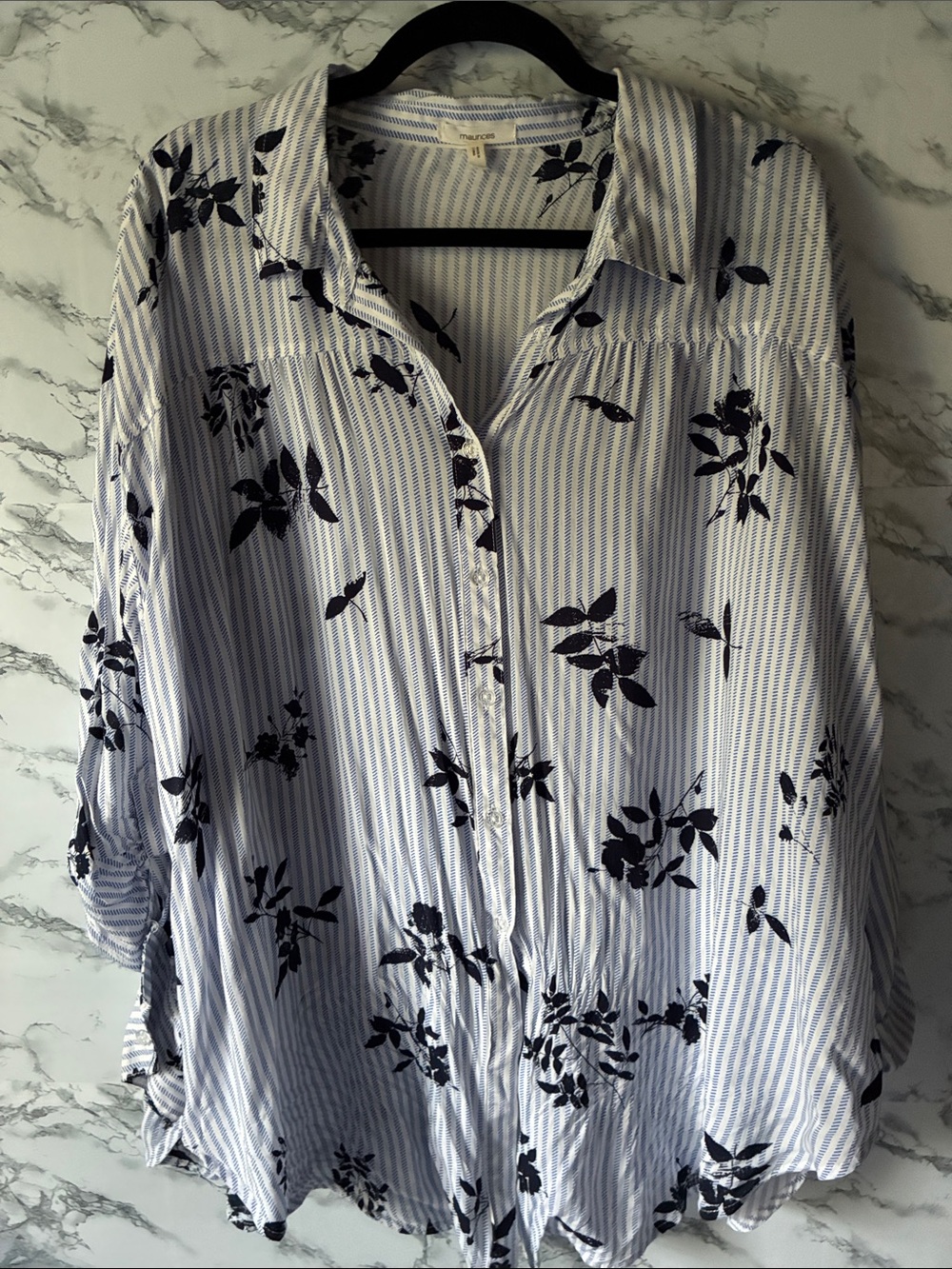 Maurices XXL Blue and White Striped Floral Button-Up Blouse